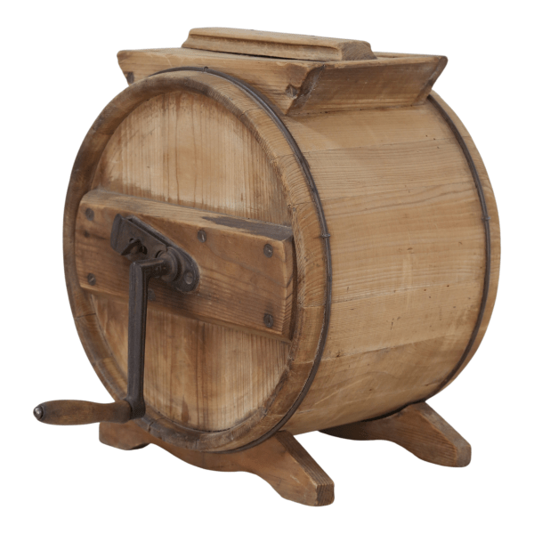 Antique hand-cranked wooden barrel butter churn