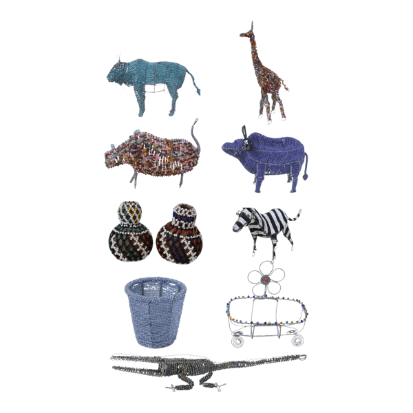 Various African beaded wire animals and home decor